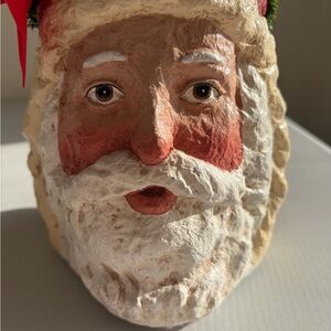 Vintage Santa Face Paper Mache 6.5 In Tall Pail Bucket Faux Garland Handle